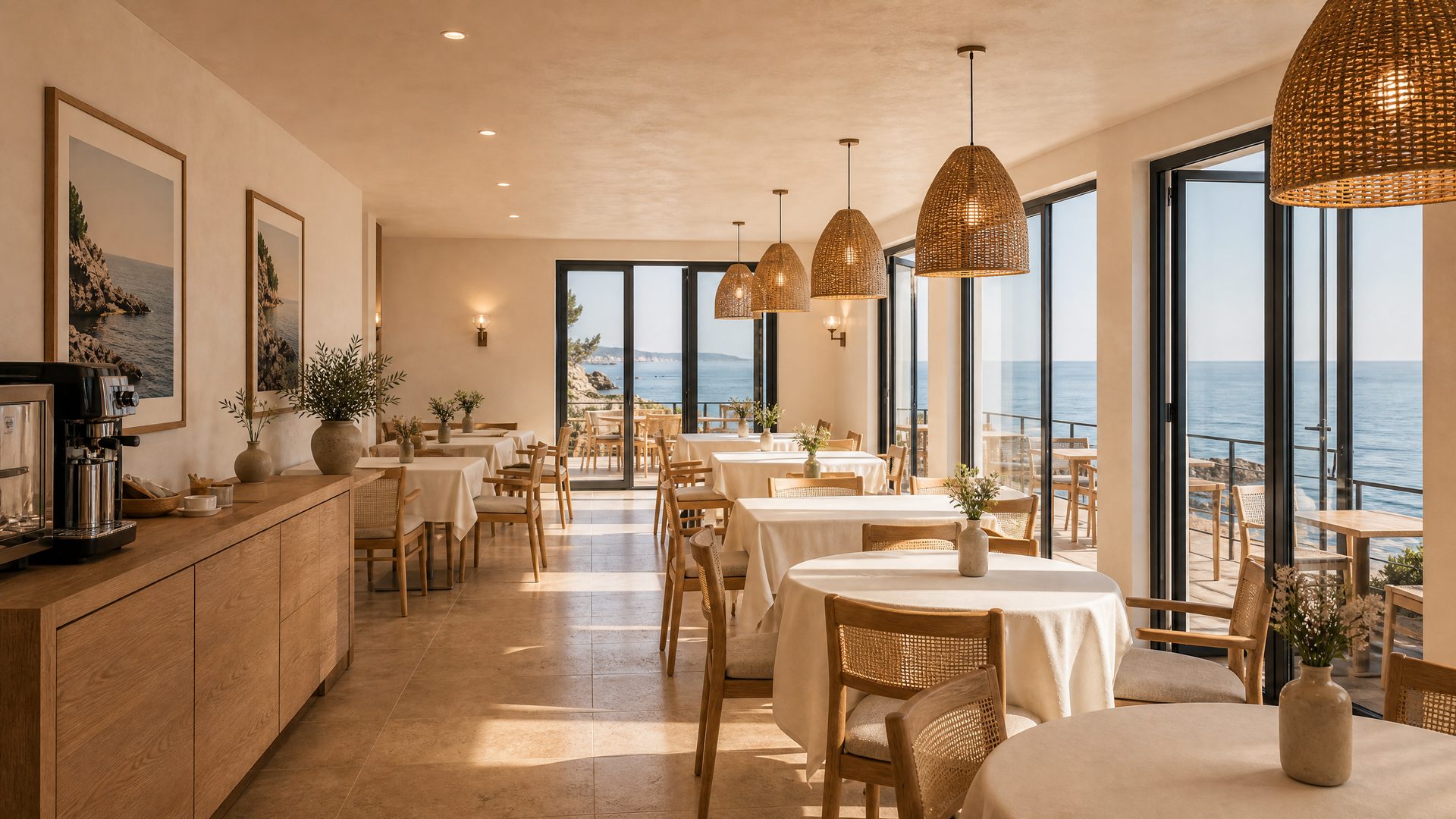 Render — breakfast restaurant with sea-view bifold doors