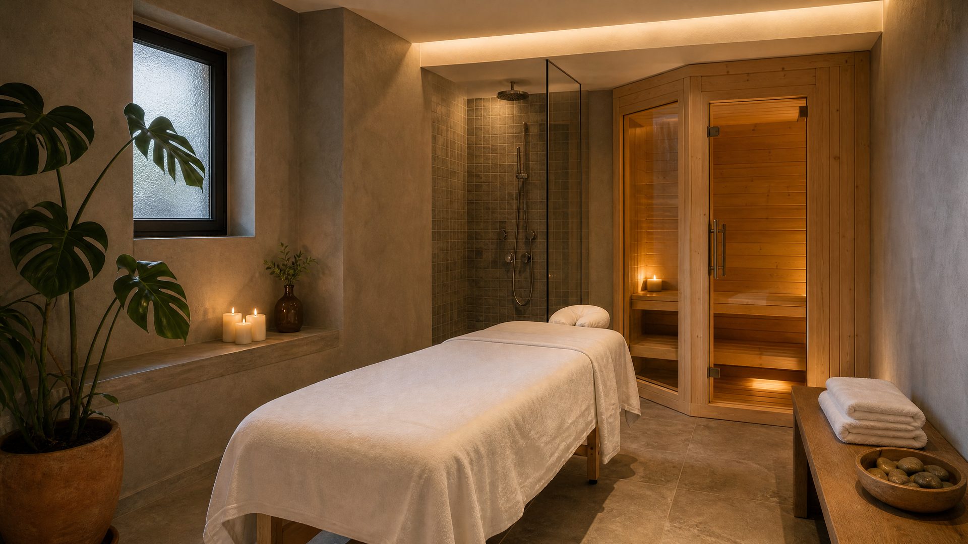 Render — spa corner with massage table and sauna