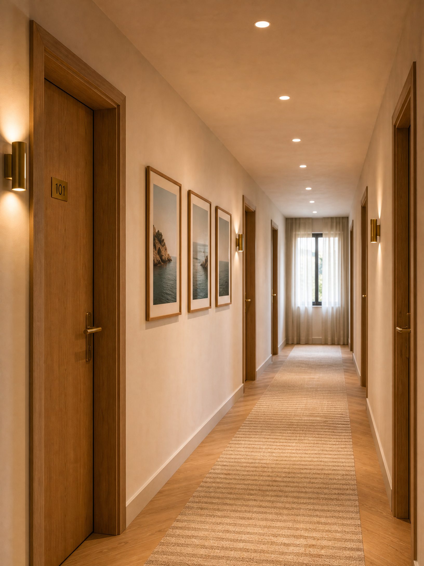 Render — guest corridor with oak doors and brass numbers