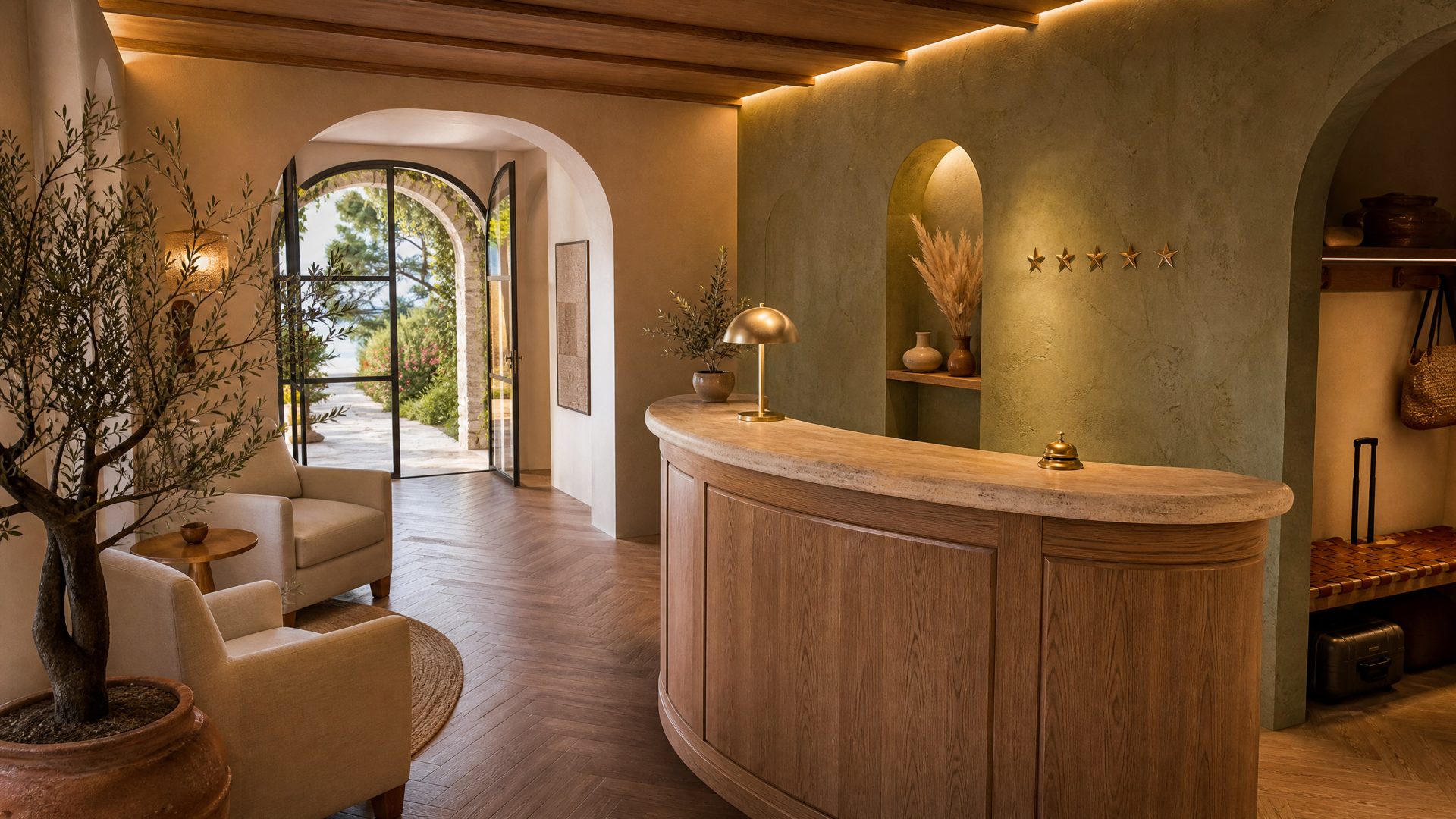 Render — boutique reception with oak concierge desk